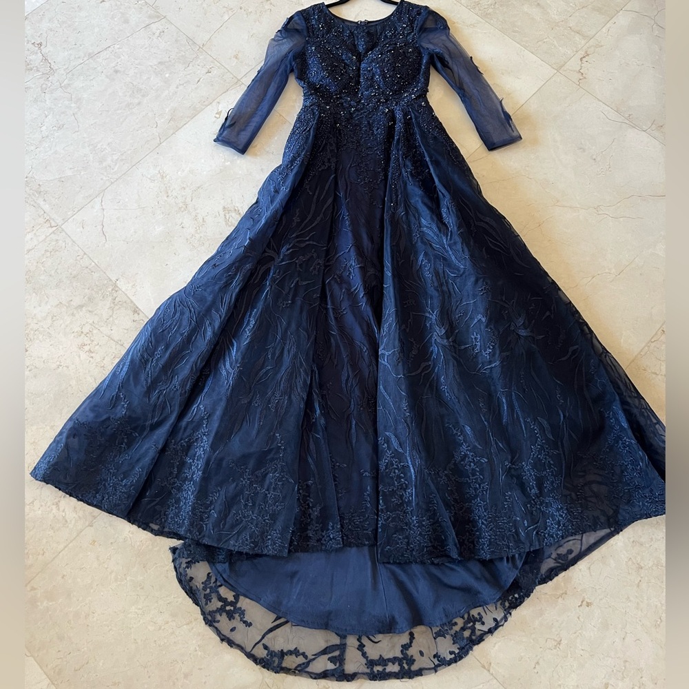 Mac Duggal Navy over skirt gown